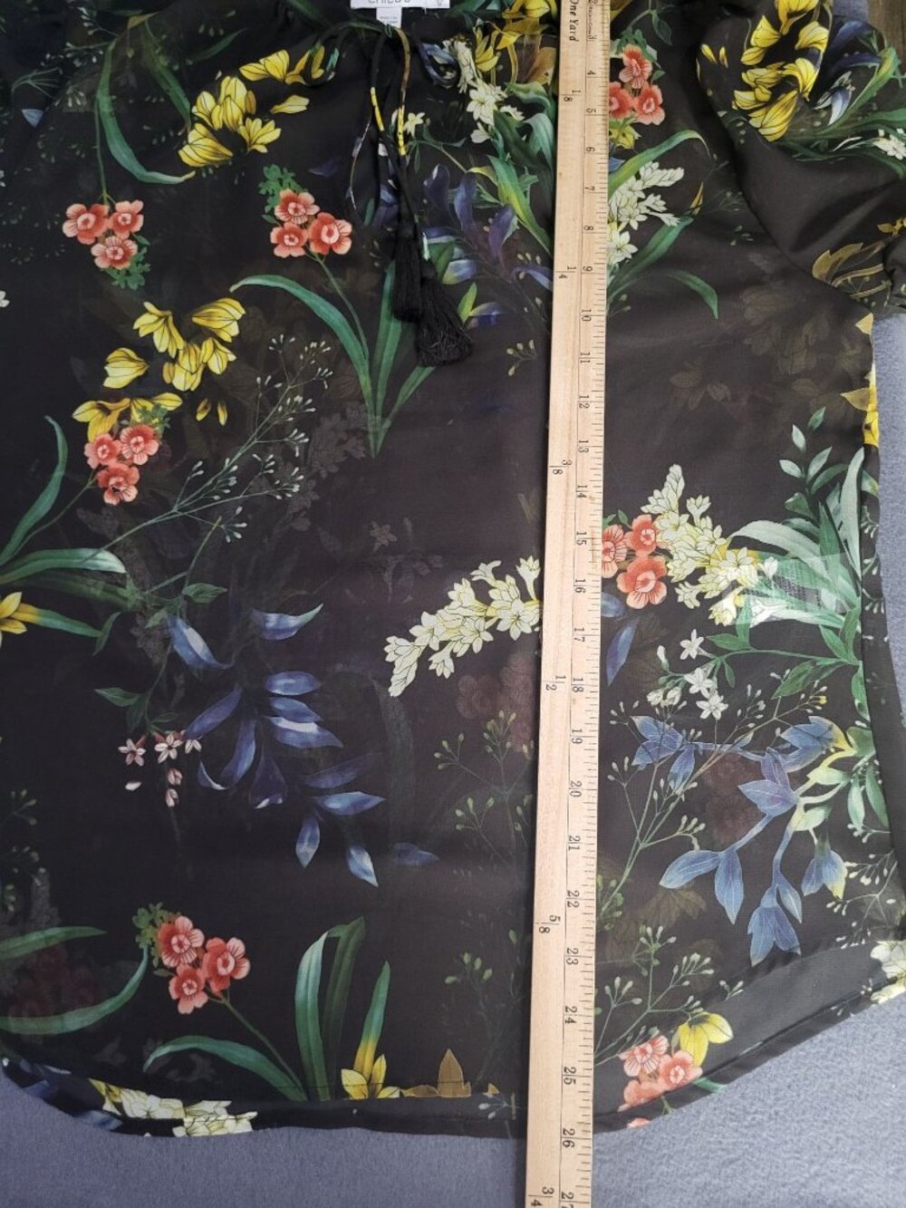 Chico's Womens SZ 2 Black Floral Sheer Blouse Top Whimsigoth Prairie Tassel LG - Picture 7 of 8